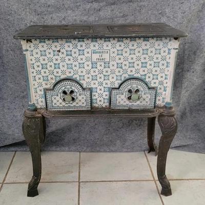 Antique French Cast Iron Wood Stove by Donmartin Le Franc | Ornate Enamel Tile Front Heater