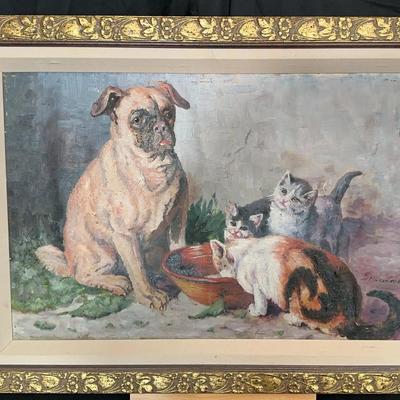 “Pug with Kittens” — Antique Oil on Canvas, late 19th c. European School | Signed Staudacher | Frame