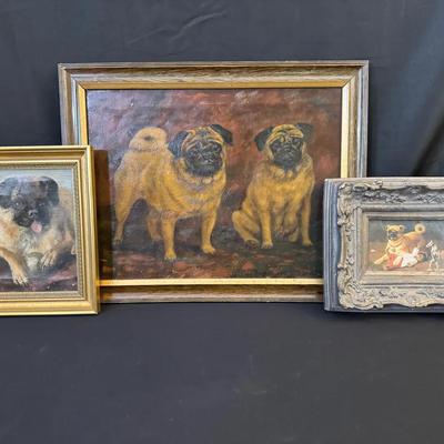 Framed Oil Paintings of Pugs & Print | Trio of Vintage & Antique-Style Canine Portraits
