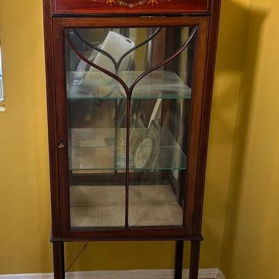 Mahogany Inlaid Curio Cabinet | Glass Door Display Case with Bowed Leaded Glass Front