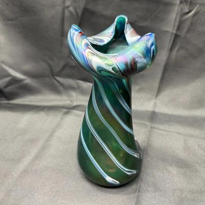 Art Glass Vase with Pulled Feather Design | Iridescent Green & Blue Form in Rindskopf Style| #1