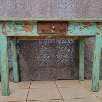 Rustic Farmhouse Table with Drawer | Chippy Turquoise Paint | Primitive Country Decor