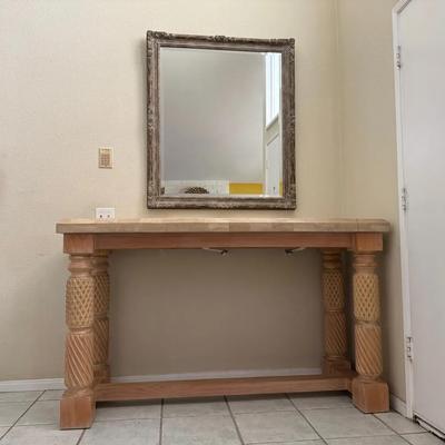 Carved Wood Console Table & Ornate Wall Mirror Set | Transitional Rustic Entryway Ensemble