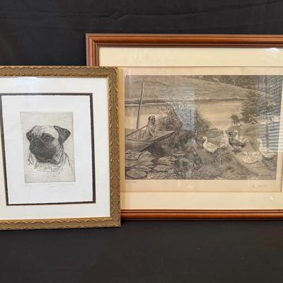 Framed Dog Etchings | W. Weekes “In a Quandary” & Signed Pug Portrait Etching | Pair of Prints