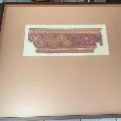 Framed Vintage Woven Textile Fragment | Decorative Geometric Border Motif in Pink & Gold Tones