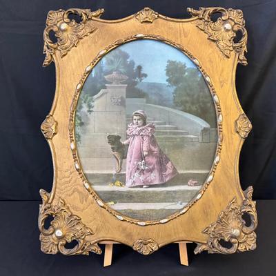 Victorian Print of Girl with Pug | Ornate Gilt Frame with Shell & Scroll Detail | Antique Portrait