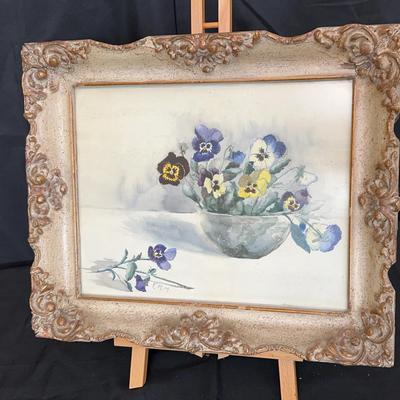 Framed Floral Watercolor Signed E.M.M. | Vintage Pansies Still Life in Ornate Gilt Frame