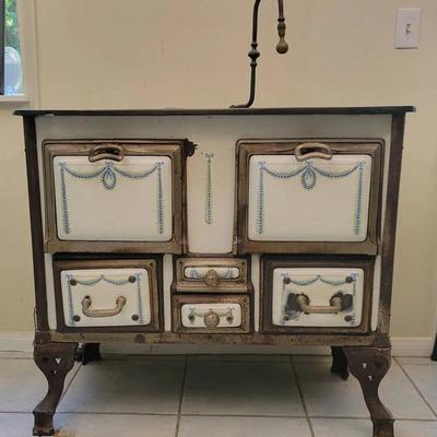 Antique Cast Iron & Enamel Cook Stove | Early 1900s Kitchen Range with Blue Garland Detail