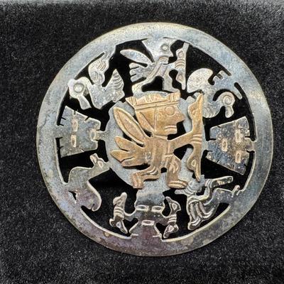 Yellow Gold 18k Underlay 925 Silver Peruvian Pendant | Incan Motif JVC 925 | 9.22g Total Weight