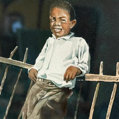 Barry Moser (1992) Original Watercolor — “Boy with Dog Leaning on Fence” — Illustration for The All 