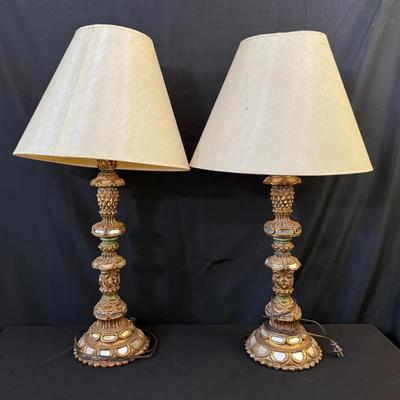 Pair of Carved Giltwood Table Lamps | Mirror & Green Accents | Ornate Vintage European Style