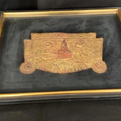 Framed Pre-Columbian Style Mask Display | Andean Gold Tone Decorative Wall Art