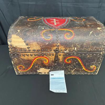 Antique Domed Wooden Trunk | Hand-Painted Heraldic Shield & Studded Detail | Folk Art Chest