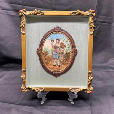Framed Relief Plaque of Colonial Gentleman | Hand-Painted Dimensional Art in Ornate Frame