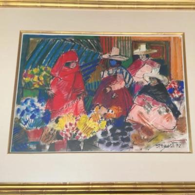 Market Scene | Latin American-Style Mixed Media | Signed Spruill ’72 | Framed