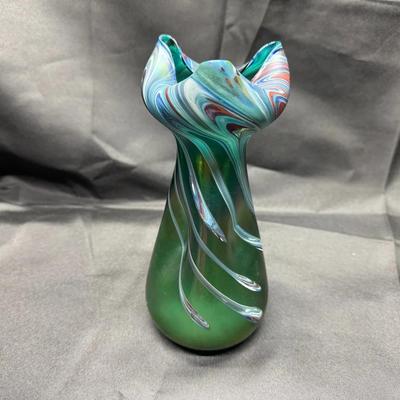 Art Glass Vase with Pulled Feather Design | Iridescent Green & Blue Form in Rindskopf Style | #2