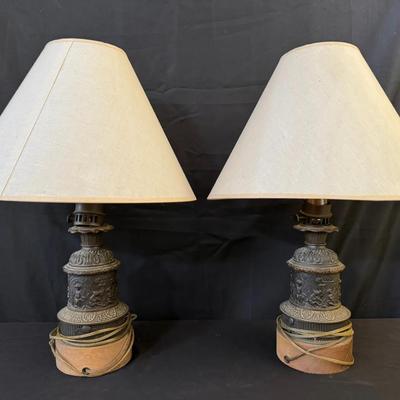 Pair of Vintage Figural Table Lamps | Cherub Relief Base with Neutral Shades | Ornate Detailing