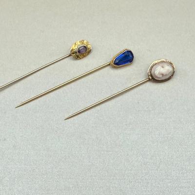 14K Gold Stick Pin Trio | Cameo, Sapphire Blue Glass & Amethyst | 3.52g Total Weight
