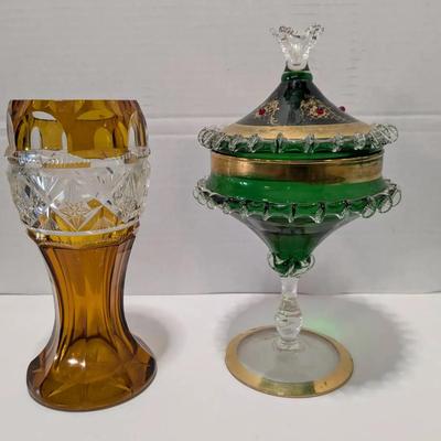 vintage Italian blown glass compote with a lid, Bohemian amber cut-to-clear crystal vase.