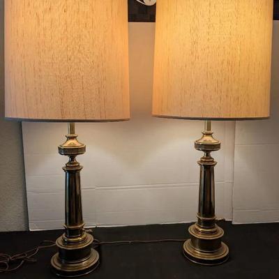 Pair of Tall Brass Stiffel Lamps with Original Shades and 3-Way Bulbs