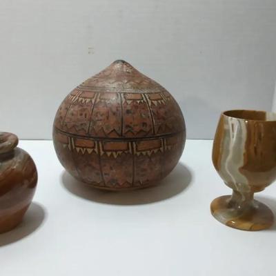 Hand-carved Gourd, Stone/Marble Goblet and Vase 