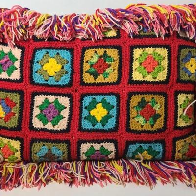 Large Afghan Covered Vintage Pillow with Fringe