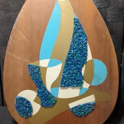 Mid Century Popcorn/Gravel Art on Teardrop Shaped Wood Panel 