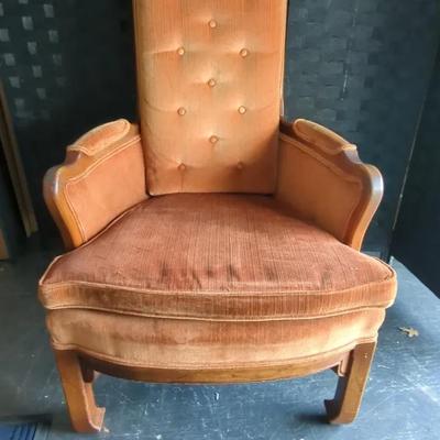 Antique/Vintage High Back Wooden Carved Chair with Orange Upholstery 