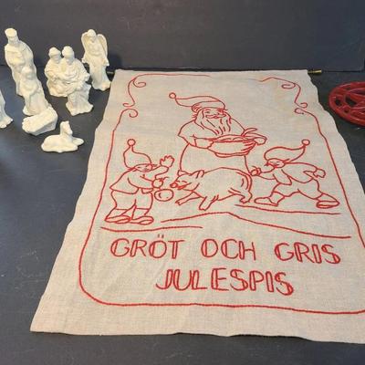 Swedish Embroidered Christmas Wallhanging With brass Pole/chain; White Bisque Nativity; Iron Trivet