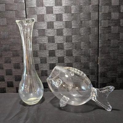 Blenko (?) Hand-blown Glass Fish Bowl/Vase vase and Tall Bubble Pattern Glass Vase