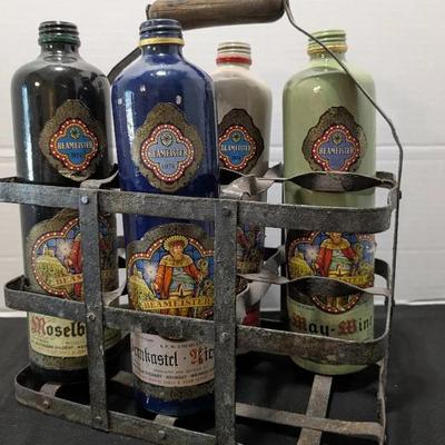 1970's German Stoneware Liquor Bottles and Rustic Holder
