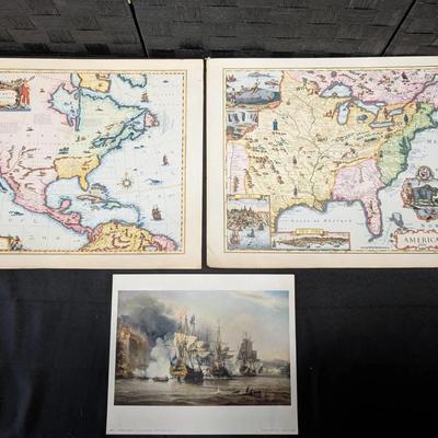 Old Map and British War Ship Prints 