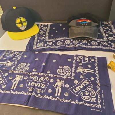 Vintage Levi's Bandana, 2 Hats, Navy Bandana, And 2 Tootsie Toys Antique Trucks (Partial)
