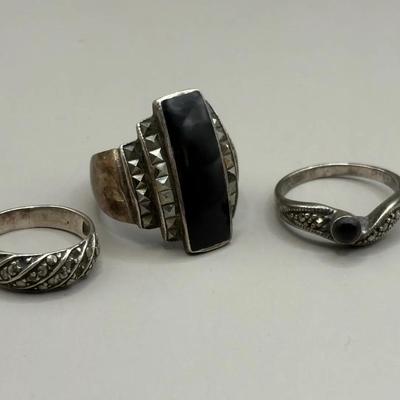 Sterling and Marcasite, Black Onyx Rings