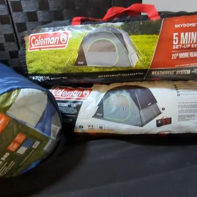 2- Coleman 6 Person Skydome Tents , Sleeping Bag(cool weather)