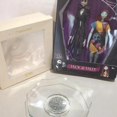 The Nightmare Before Christmas Jack & Sally Figurines, Oleg Cassini Crystal Bowl/candle Dish