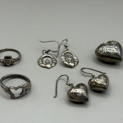 Sterling Silver Heart Pendant & Earrings, Irish Ring & Earrings 