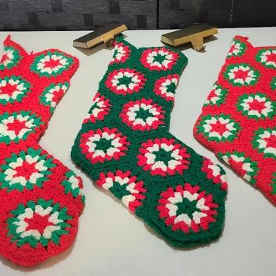 3 Crocheted Afghan Stockings, And 2 Brass Holders (Adhesive)