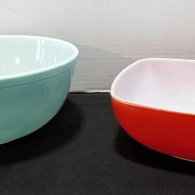 Large Pyrex Vintage Bowls- Round Blue and Square Red/Orange