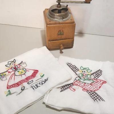Coffee Grinder (Drawer Is Stuck) And 2 Embroidered Cotton Tea/Dish Towels