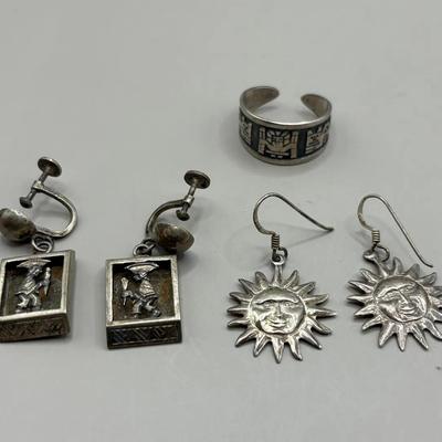 Sterling Silver Aztec Ring, Sun and Other Earrings 