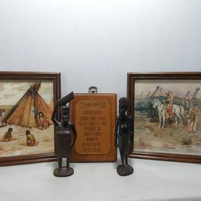 Native American Prints, African Carved Figures, and Small Pottery Vase