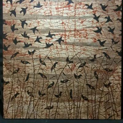 Textile Art, stretched on Wood Frame, featuring a flock of birds in a marshy or grassy field