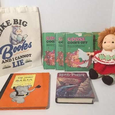 New Bookbag, Vintage Babar Book, Harry Potter, Doll With Knitted Outfit, Etc