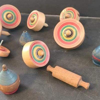 Antique Painted Wood Spinning Tops, Mini Rolling Pin, And Japanese Wooden Tops