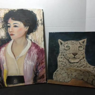 Original Painting Of Lady By Darrell York & Bobcat Both On Canvas