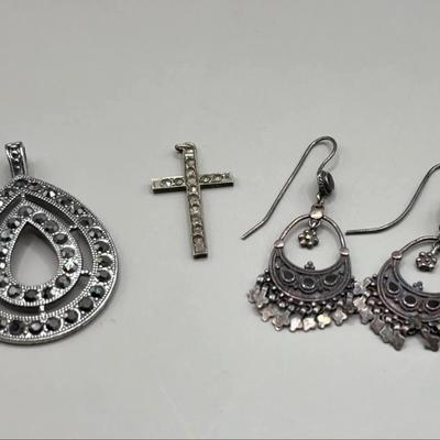 Marcasite Lg Pendant, Cross and Earrings 
