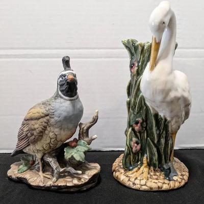 Vintage Majolica Stork Vase and Porcelain Quail Figure