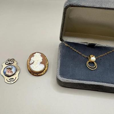 Cameo Pin, Sterling Pendant with Painted Portrait and Gold Tone Filigree Pearl Pendant 