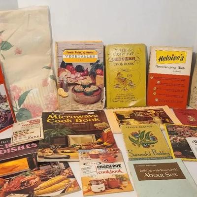 Vintage Homemaking Lot: Cookbooks, Parenting Guides, Paper Tablecloth
